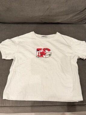 Dolce & Gabbana White Kids Short Sleeve Logo Tee with Red Floral Accent